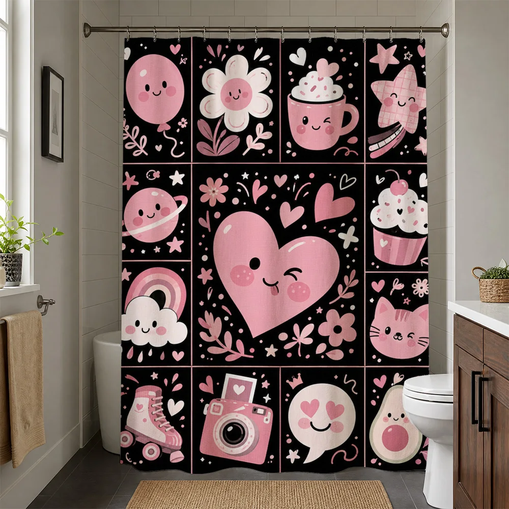Cute Kawaii Cartoon Shower Curtain Pink Hearts Space Planets Fun Bathroom Decor for Kids and Girls