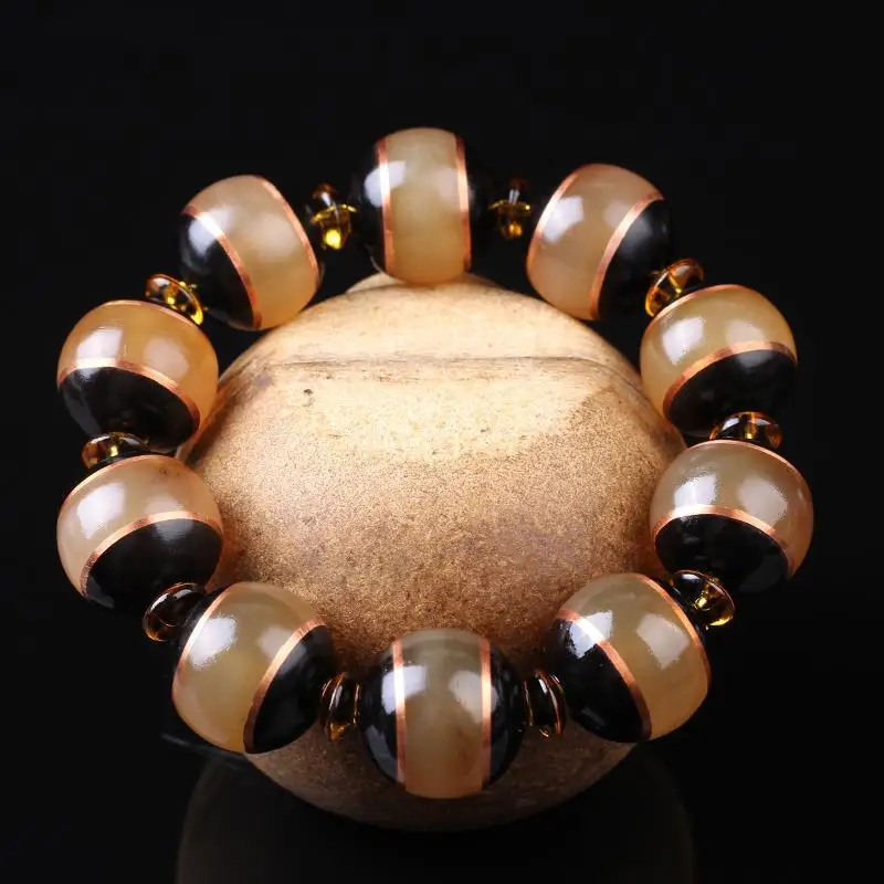 Tibet Qingre Lengliang Natural Horn Inlaid with Black Horn Copper Beads WenWan Bracelet Men's 20mm Hand String Luxury Jewelry