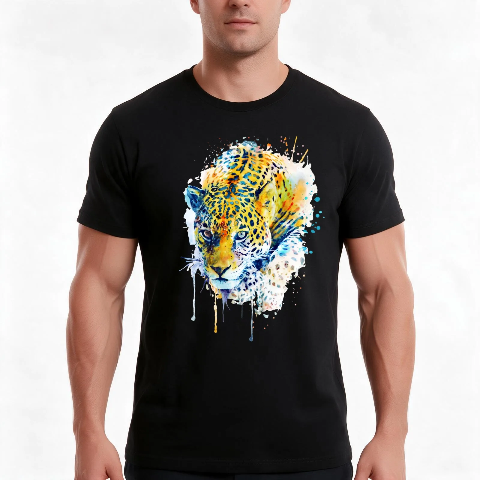 Lurking Leopard Watercolor T-Shirt, Summer Casual Cotton Tee, Oversized Streetwear Tops, Vintage Graphic Print, Unisex Men Women