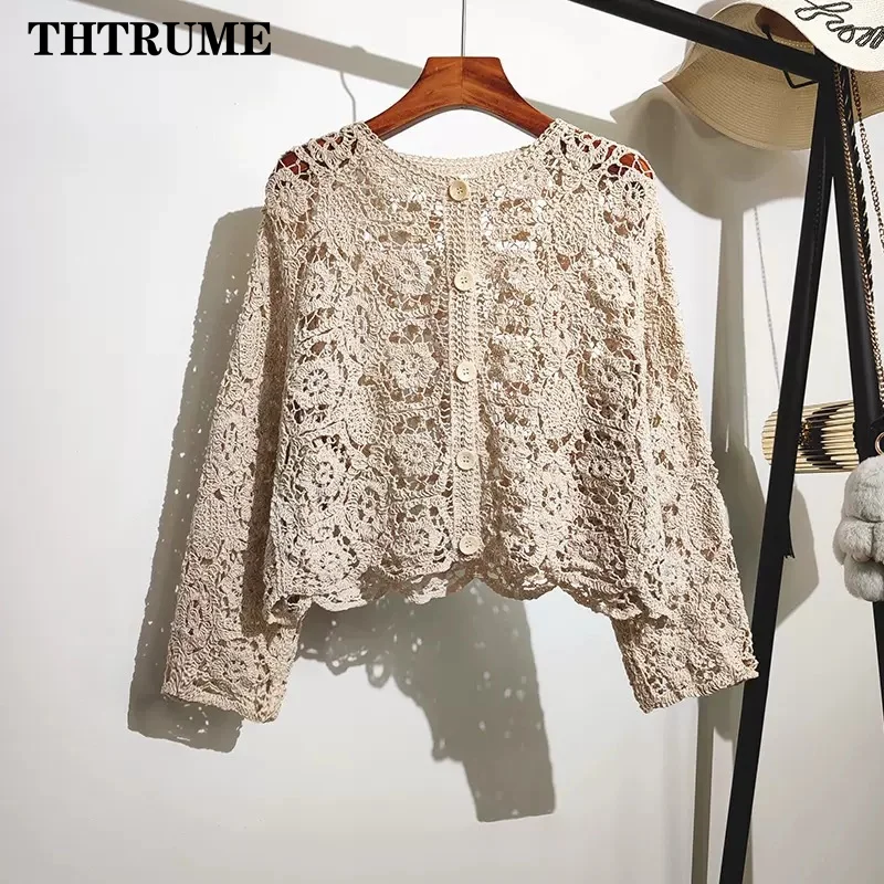 Lace Sexy Shawl Women Sweater Fashion Autumn Winter Round Neck Long Sleeve Vintage Jumper Casual Office Lady Versatile Cardigan