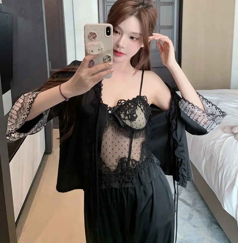 

Black Female Jacquard 4PCS Pajamas Set Sexy Patchwork Lace Sleepwear Intimate Lingerie Loose Satin Pijamas Suit Home Wear