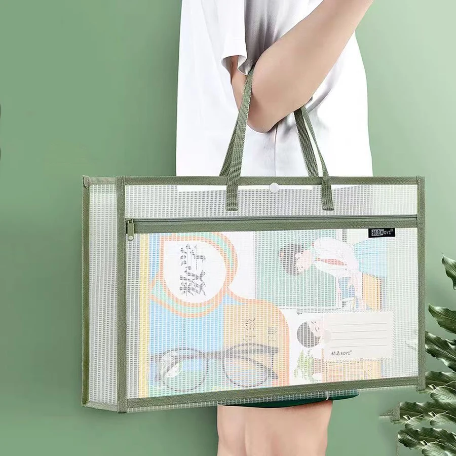 Spacious Organizer A4 Pocket Folders Widen Double-Layer Mesh File Storage Bag With Handle Transparent File Bag Large Capacity