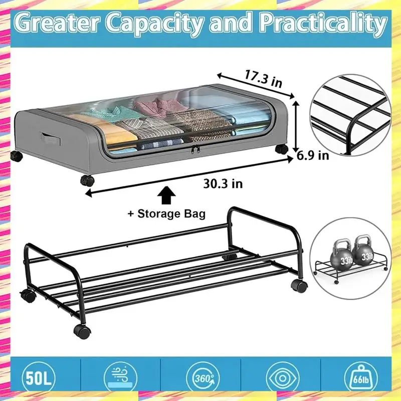 

ABJJ Under Bed Storage Box With Wheels Under Bed Shoe Storage Box Rolling Under Bed Metal Drawer Stores Clothes And Toys