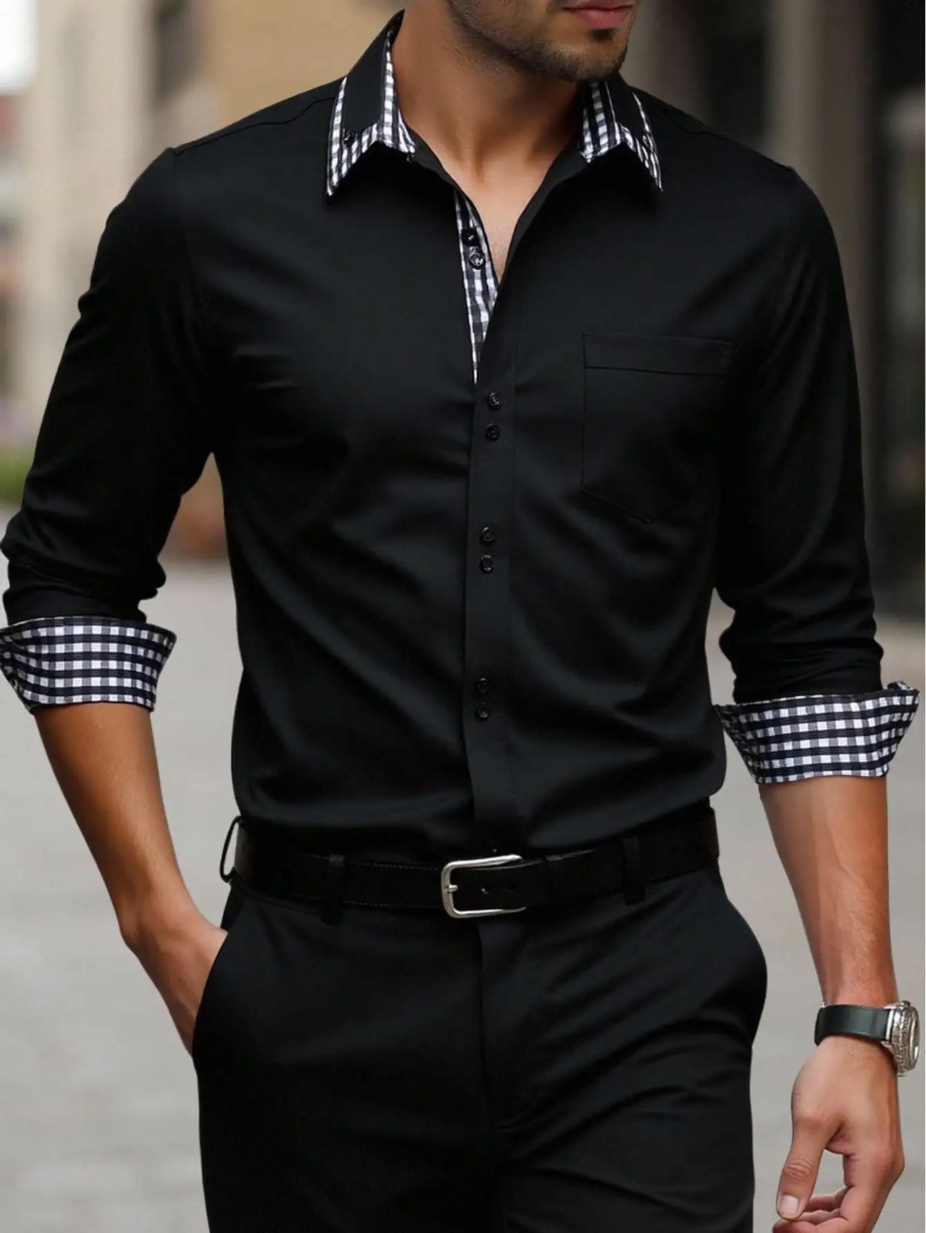 

Men's Black Long Sleeve Dress Shirt with Contrast Gingham Collar and Cuffs