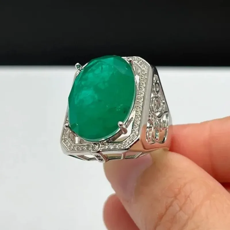

Vintage Sterling 925 Silver Ring for Men 15mm * 20mm Man Made Colomabia Emerald Color Crystal Ring with 3 Layers Gold Plating