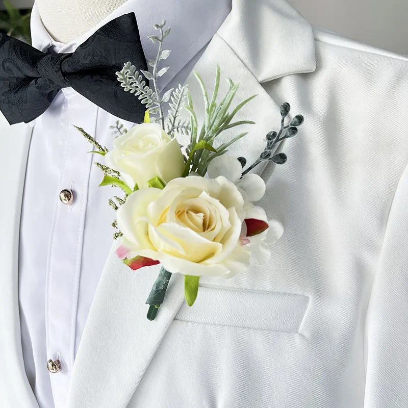 White Boutonniere Wedding Corsage Flowers Artificial Red Rose Bracelet for Bridesmaid Men Buttonhole Guests Marriage Accessories