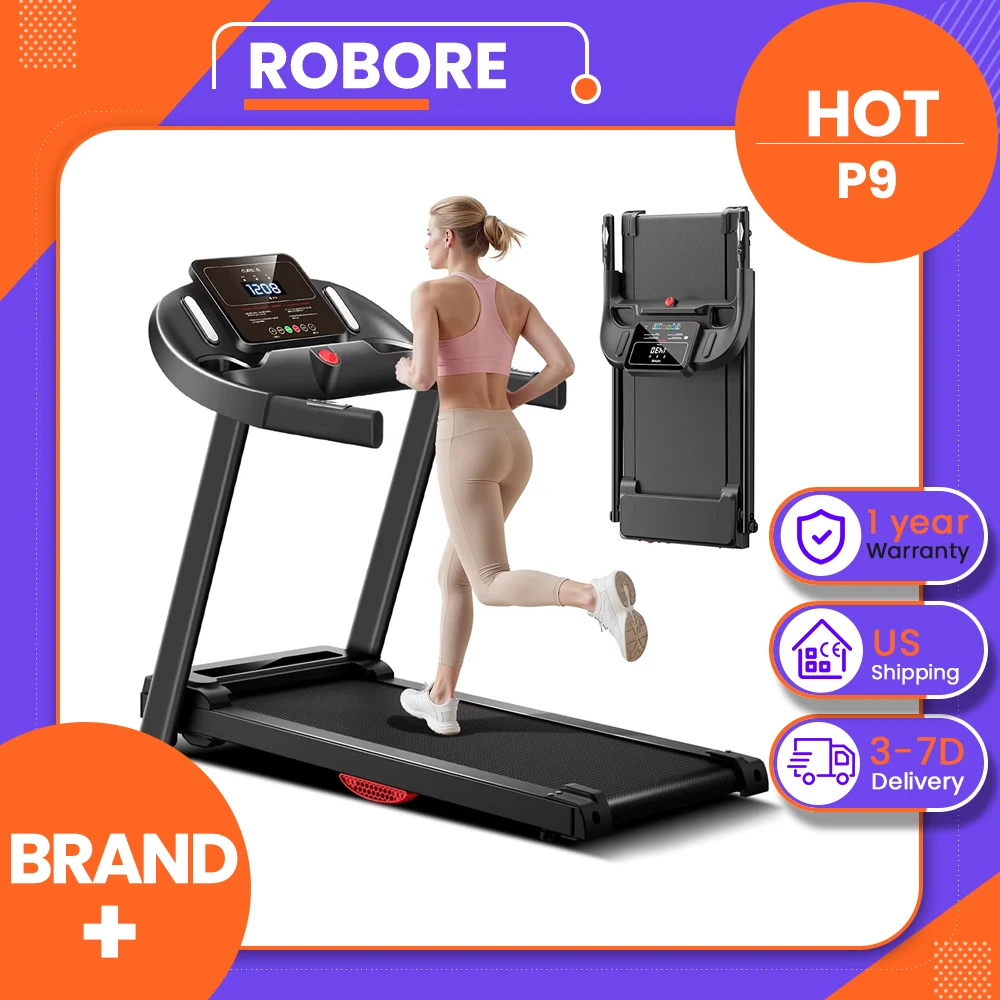 ROBORE P9 Treadmill with Handle, 2.5HP Brushless Motor, 1-12 km/h Speed, 120kg Max Load, 102×38cm Running Belt, LED Display, Heart Rate Monitor, Shock Absorbing Belt, Foldable Compact Home