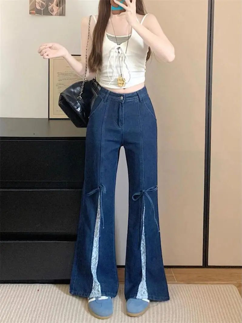 

American Style Spicy Girl Lace Splice Knot Denim Pants Women Summer 2026 New High Waist Design Sensation Micro Flar...