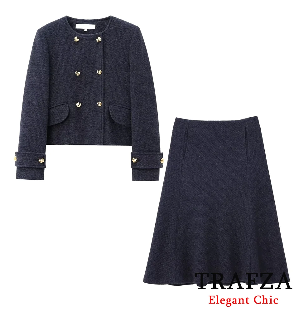 TRAFZA-Women Elegant Blazer Skirt Set Double-breasted O-Neck Pocket Blazer+Midi Skirt New 2024 Fall Winter Fashion Romantic Set