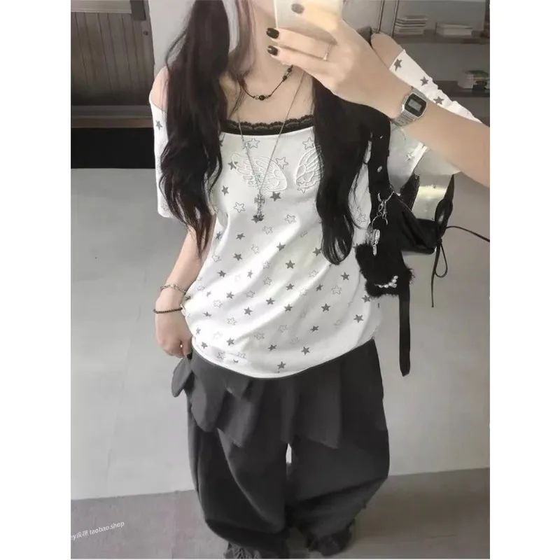 

Летние футболки с коротким рукавом, женские повседневные дизайнерские тонкие укороченные топы Y2k, офисные женские корейские модные футболки в стиле панк в стиле Харадзюку, винтажные футболки