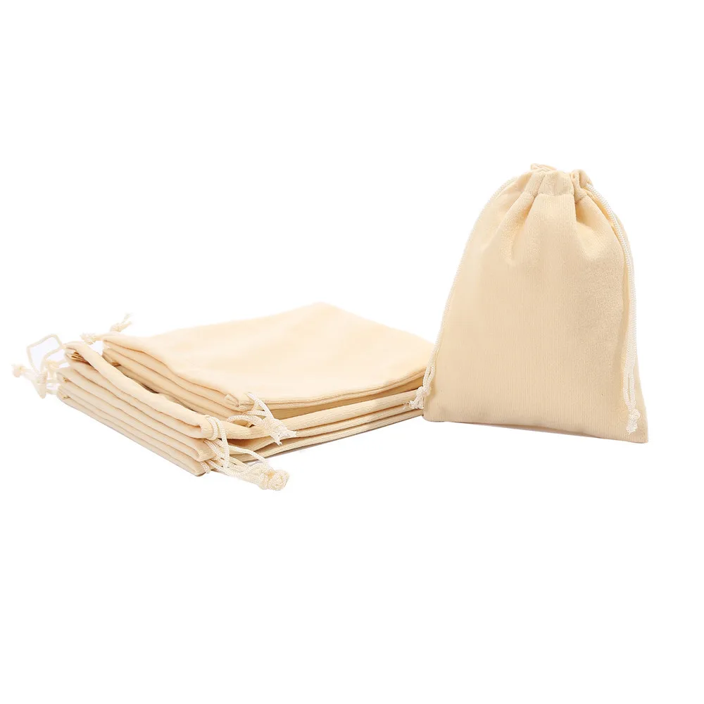 50 pcs/lot Cream Beige Velvet Bags 12x15cm 13x18cm Drawstring Jewelry Gift Pouches Wedding Gift Packing Bag Custom Logo Print