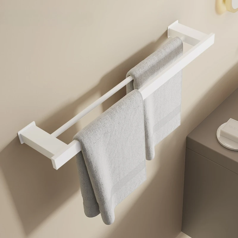 

White Aluminum Alloy Towel Bar Minimalist Bathroom Wall Mounted Drill Installation Bathroom Storage Organizer