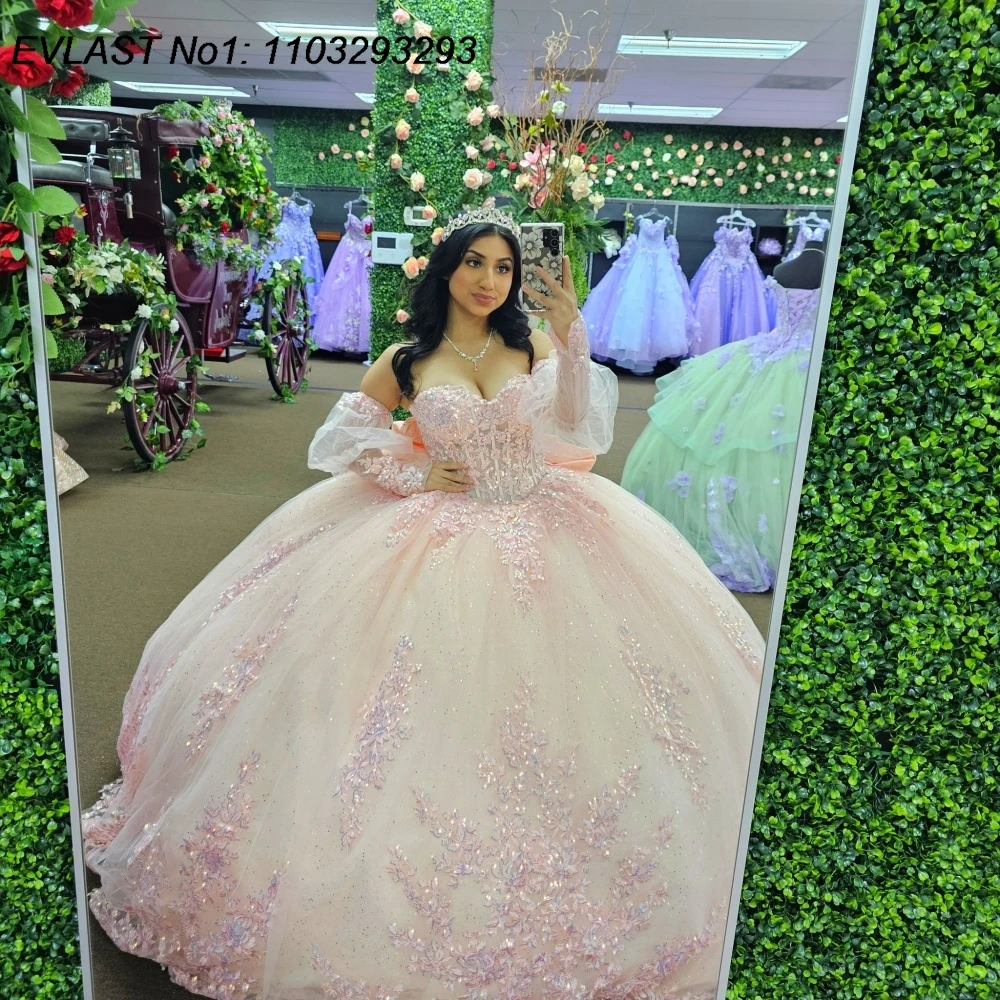 

EVLAST розовое бальное платье по индивидуальному заказу, платье Quinceanera, блестящая кружевная аппликация, корсет с бисером, Sweet 16, Vestidos De 15 Anos E1QN53