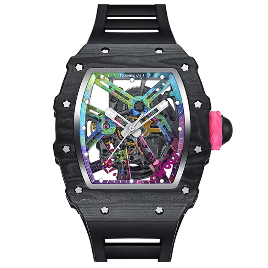 

CRONUSART Men Automatic Watch Tonneau Mechanical Wristwatch Carbon Fiber Case Sapphire Mirror Luminous FKM Strap Skeleton Dial