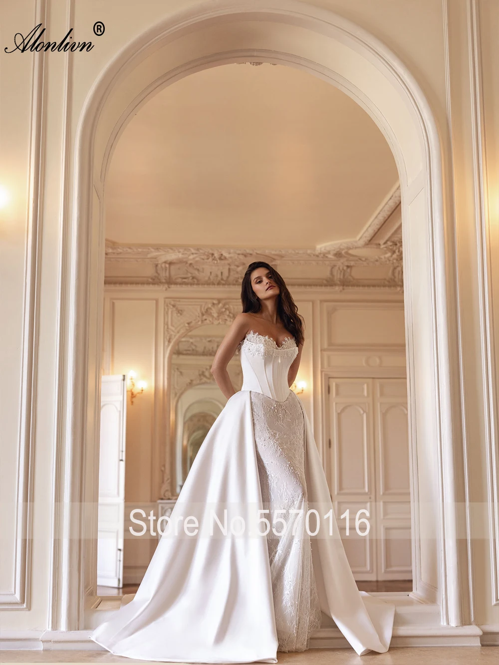 Alonlivn مخصص خمر 2 في 1 حورية البحر فساتين الزفاف الجمال مطرز اللؤلؤ يزين الدانتيل الحبيب البوق فساتين الزفاف