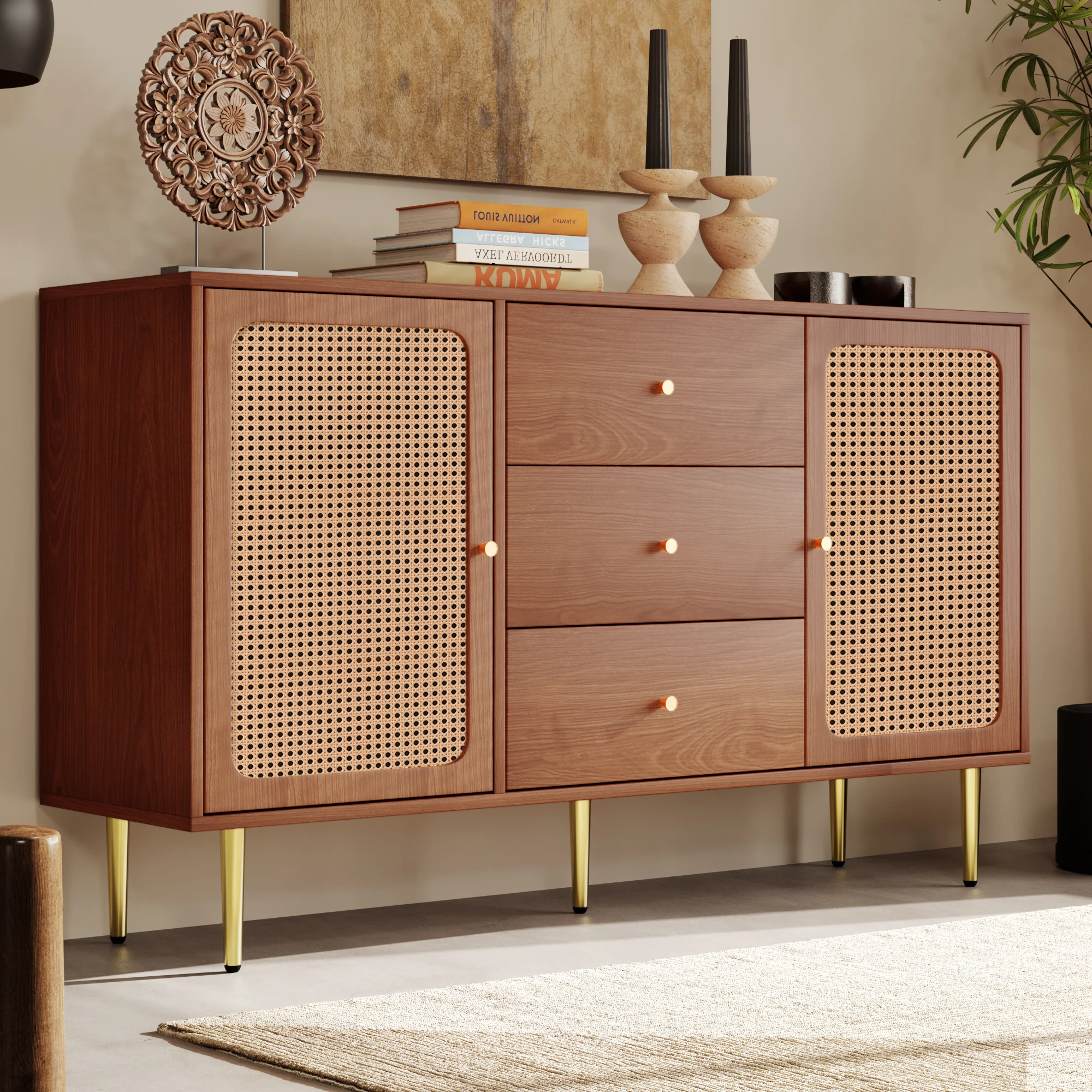 Rattan Sideboard Cabinet for Living Room, Chest of Drawers with with 2 doors and 3 drawers, Adjustable shelf, Walnut -90H/150W/4