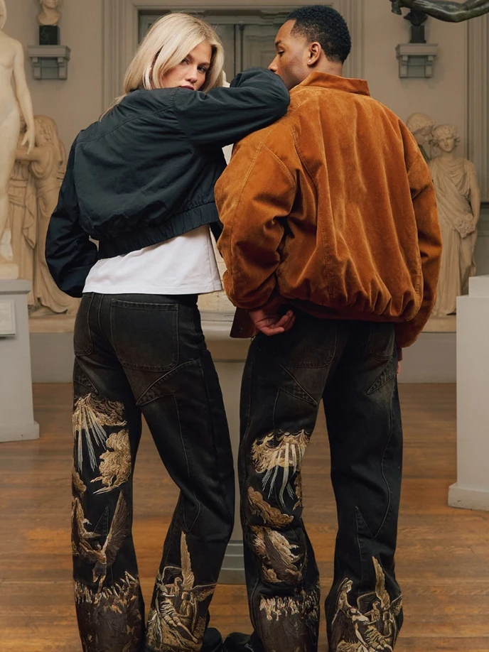 

Vescartes Retro Angel Embroidered Jeans Loose Fit Men's Women's High Street Wide Leg Pants Machine Embroidery Vintage Style