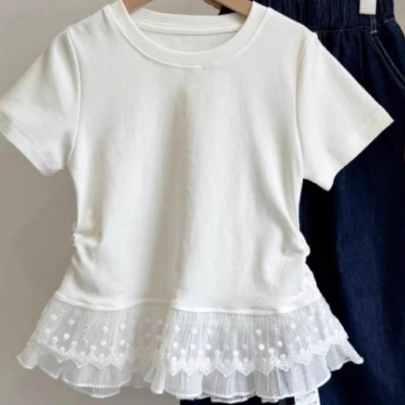 2025 Spring/Summer New Girl Lace Splicing Short Sleeves T-shirt for Middle and Large Sized Children