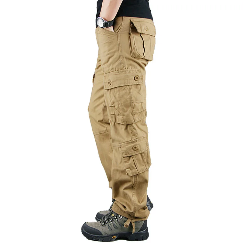 

8 POCKETS 100% Cotton Men's Solid Color Cargo Pants, Breathable ComfyOutdoor Pants With Multi Pockets For Hiking Trekking Travel