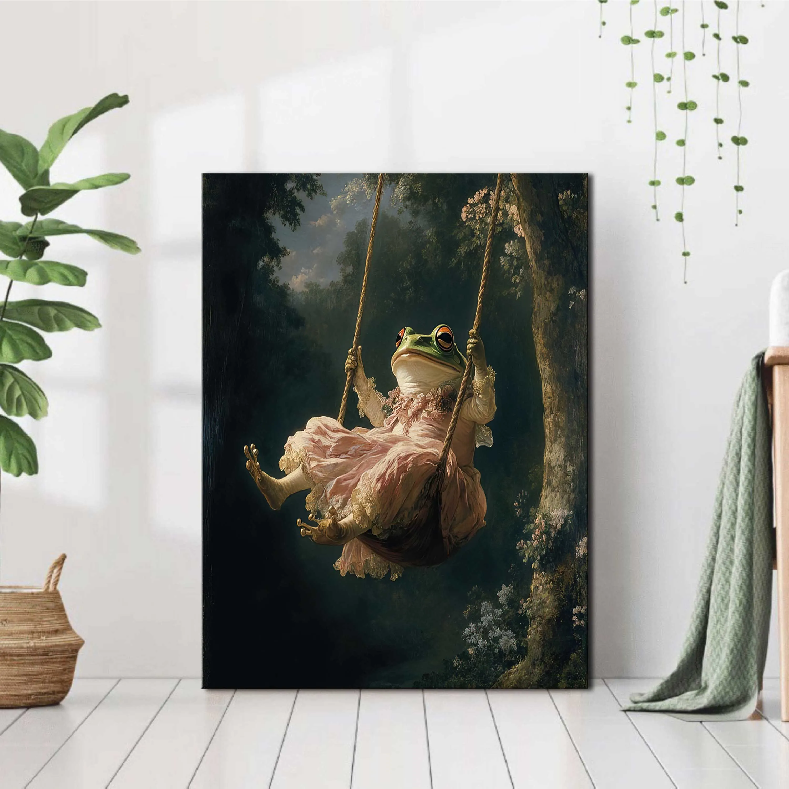 (No frame)2D Flat, 2D Flat, 2D Flat 2D Flat Painting, Single-Piece Set, Canvas Artwork of a for Frog Girl with a Swing, Belon