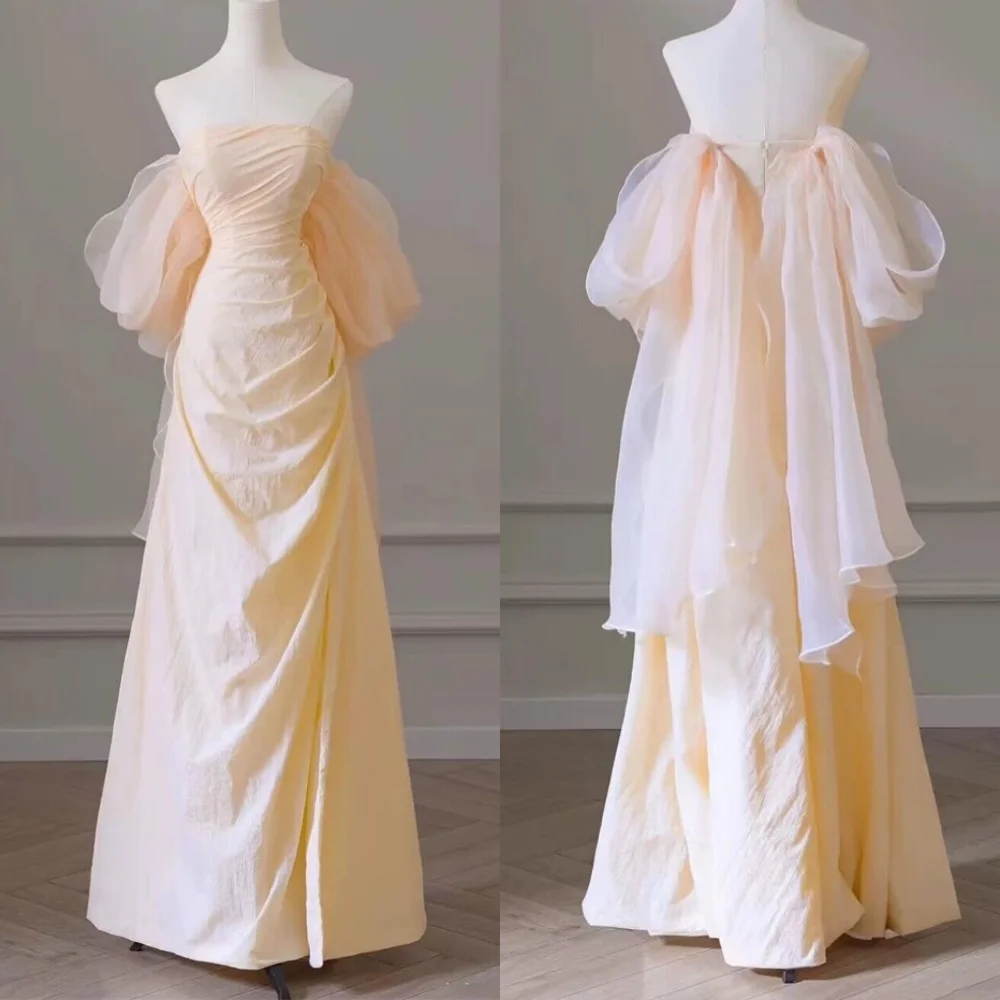 

Customized High Quality Light Yellow Jersey Evening Dress Exquisite Strapless Off the Shoulder Short Sleeves Homecoming Dress