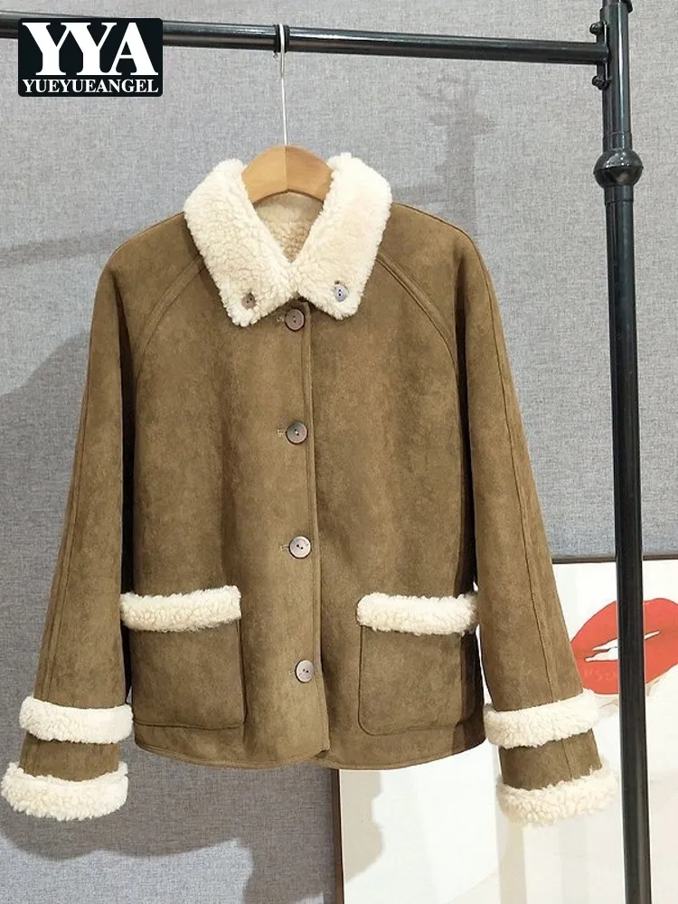 

Women Winter Warm Reversible Jacket Loose Wool Lining Outerwear Lapel Short Coat Single Breasted Casual Pocket Jackets Hot Sale