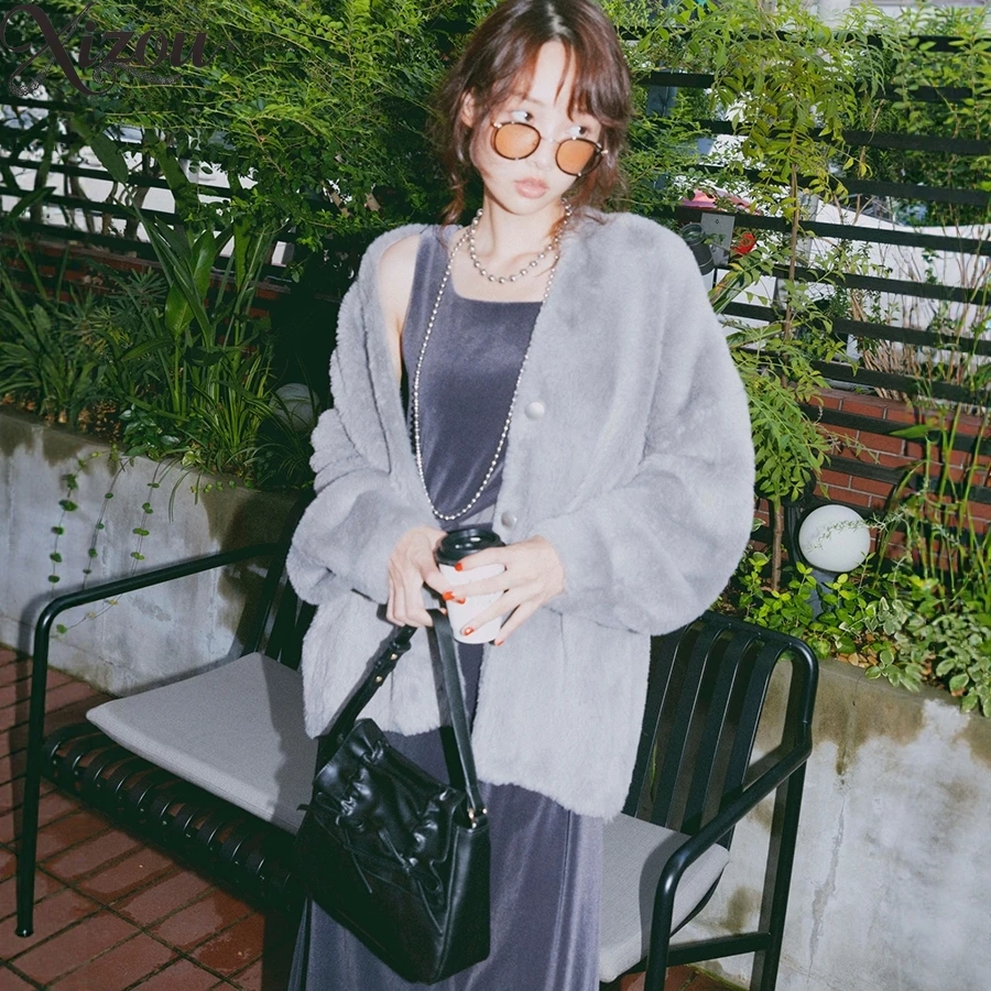 

Милый однотонный двусторонний вязаный кардиган в японском стиле с v-образным вырезом, длинная пряжа из перьев, мягкий женский кардиган с длинными рукавами, топ