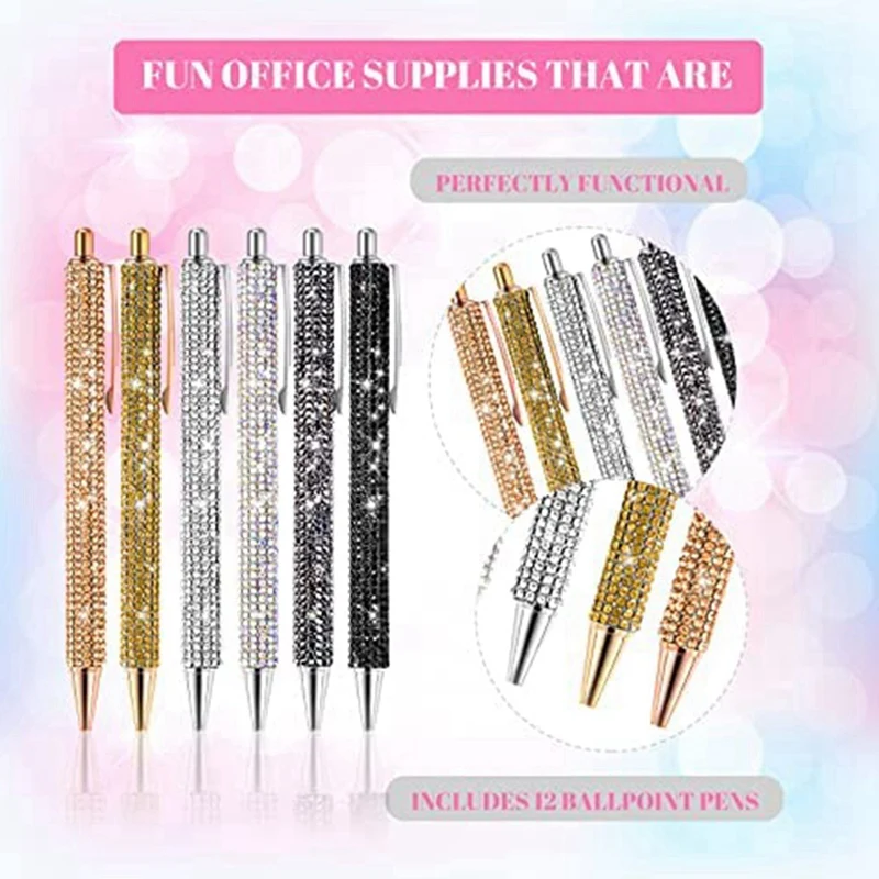 12 PCS Bling Pen Bulk Metal Ballpoint Pen Diamond Pen Crystal Press Retractable Black Ink 0.7Mm Ballpoint Pen