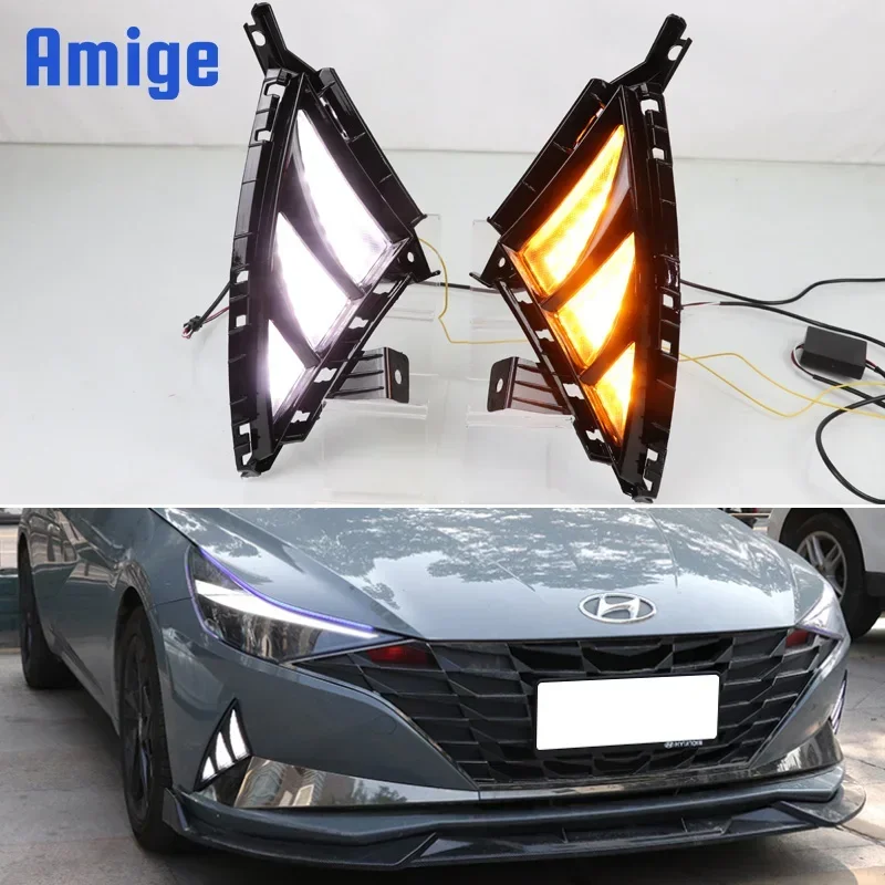 

Car LED DRL 12V Daylights For Hyundai Elantra 2021 2022 Yellow Turn Signal Daytime Running Light Car Foglamp