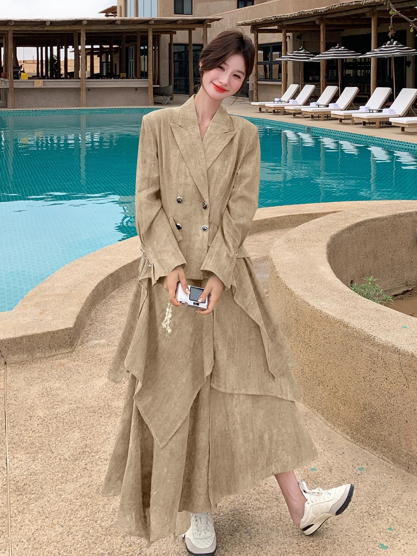 아이디언트 수트 세트 여성용 가을 2025 신상 고급스러운 느낌 비대칭 스커트 투피스 세트 캐주얼 슬레