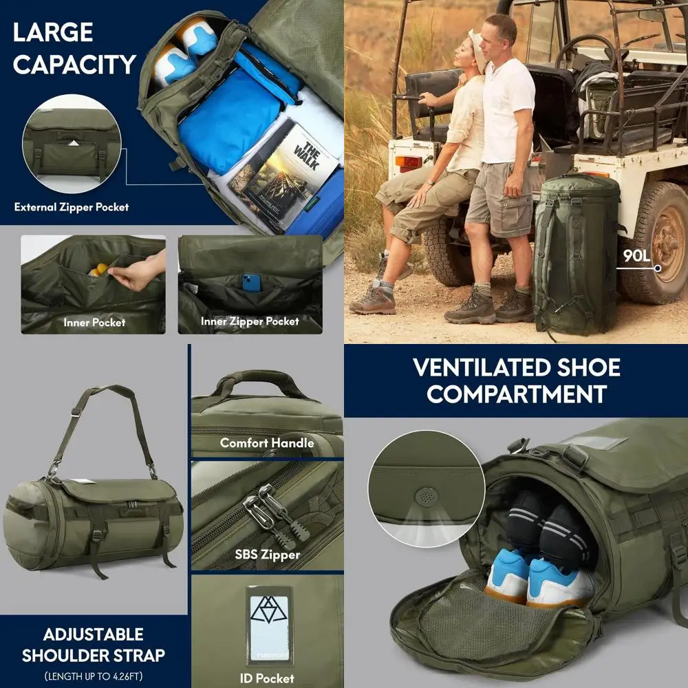 

Large 90L Durable Travel Backpack for Men, Ideal for Long Trips, Camping, with Shoe Compartment, Water-Resistant, Army Green