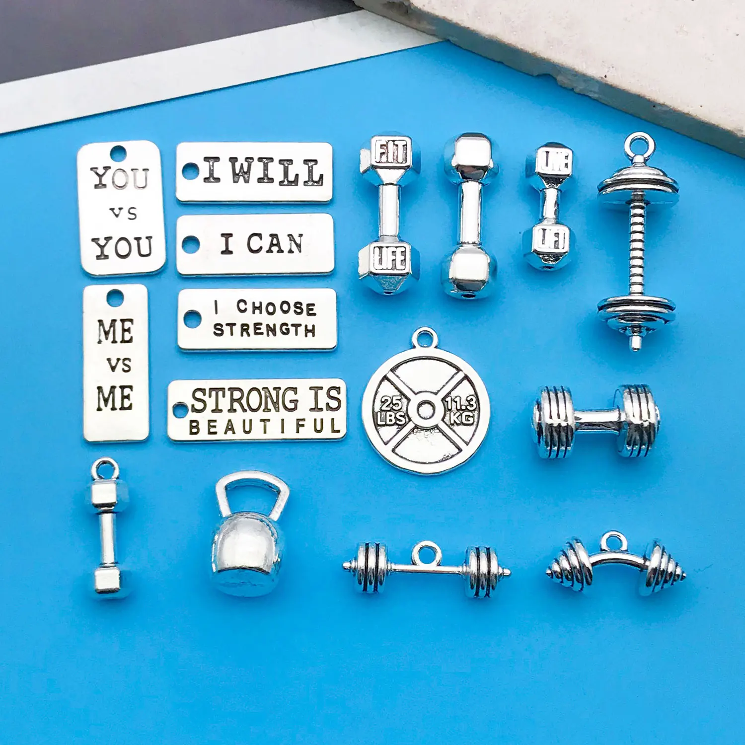 10/32pcs New Fashion Handmade Fitness Equipment Dumbbell Disc Charms Pendants Silver Color Earrings For Womens Style