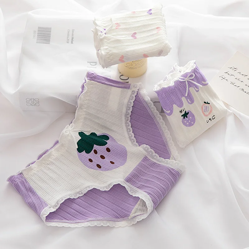 Panties female cotton lavender purple strawberry printed crotch students mid-waist wooden ear lace