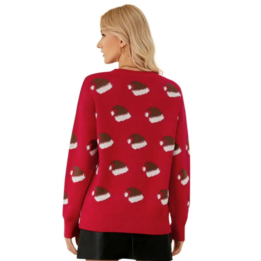 

Autumn Winter Christmas Sweater Sweet round Neck European American Style Cartoon Print Winter Warm Women's Knitwear