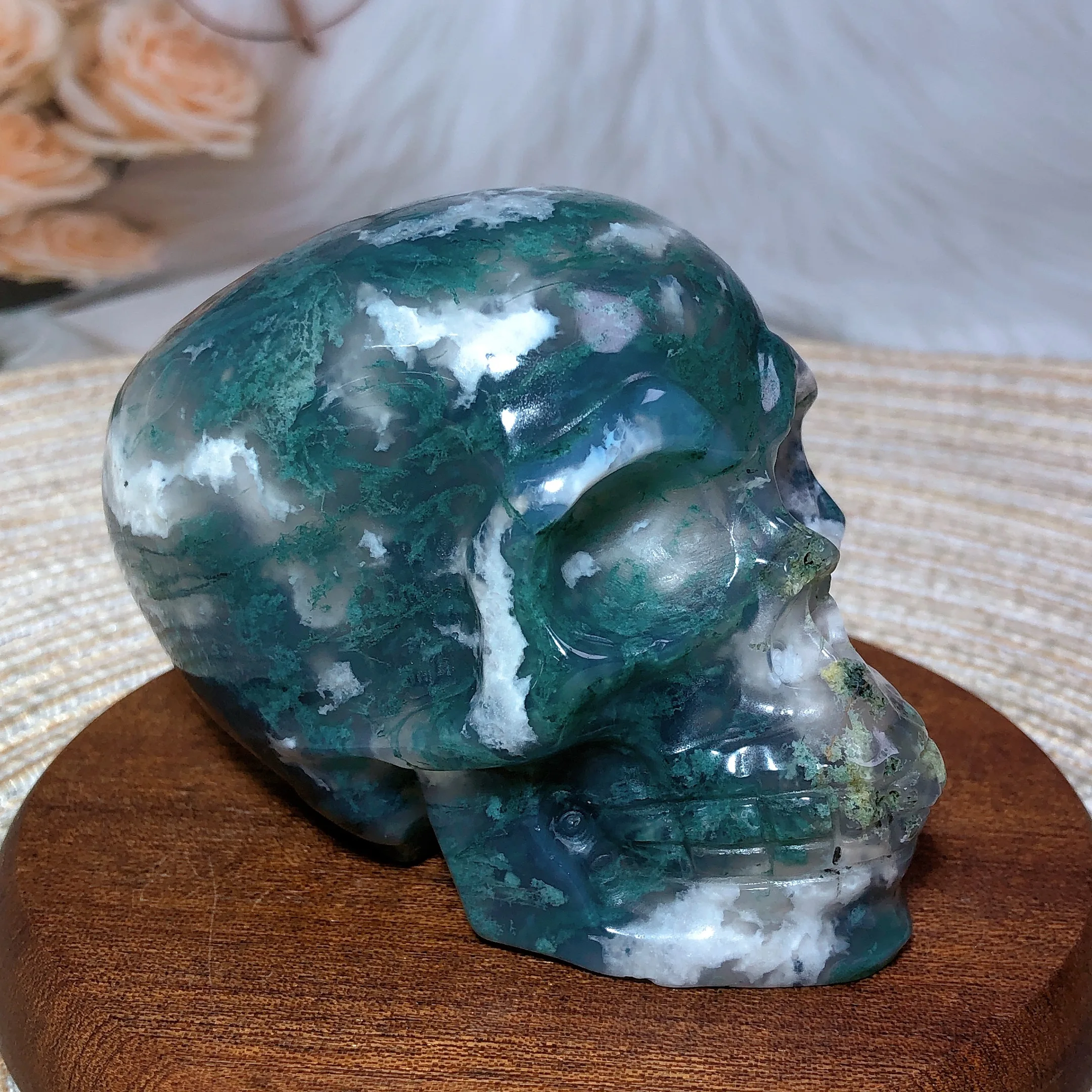 Natural Crystal Moss Agate Skull Carving Polished Energy Reiki Ornament Healing High Quality Home Decoration Room Decro