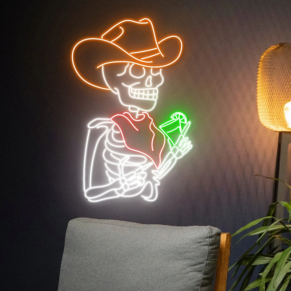 Mexican Skeleton Drinking Tequila Neon Sign for Mexican Party Event Decor Led Sign Tequila Cocktail Bar Pub Wall Art Neon Light