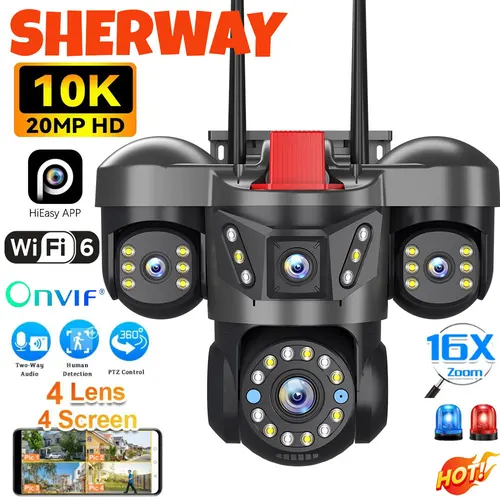 10K 20MP UHD Cámara IP WiFi para exteriores cuatro lentes cuatro pantallas 360 ° Cámara de seguridad PTZ con zoom 16X, seguimiento automático, vigilancia inalámbrica CCTV
