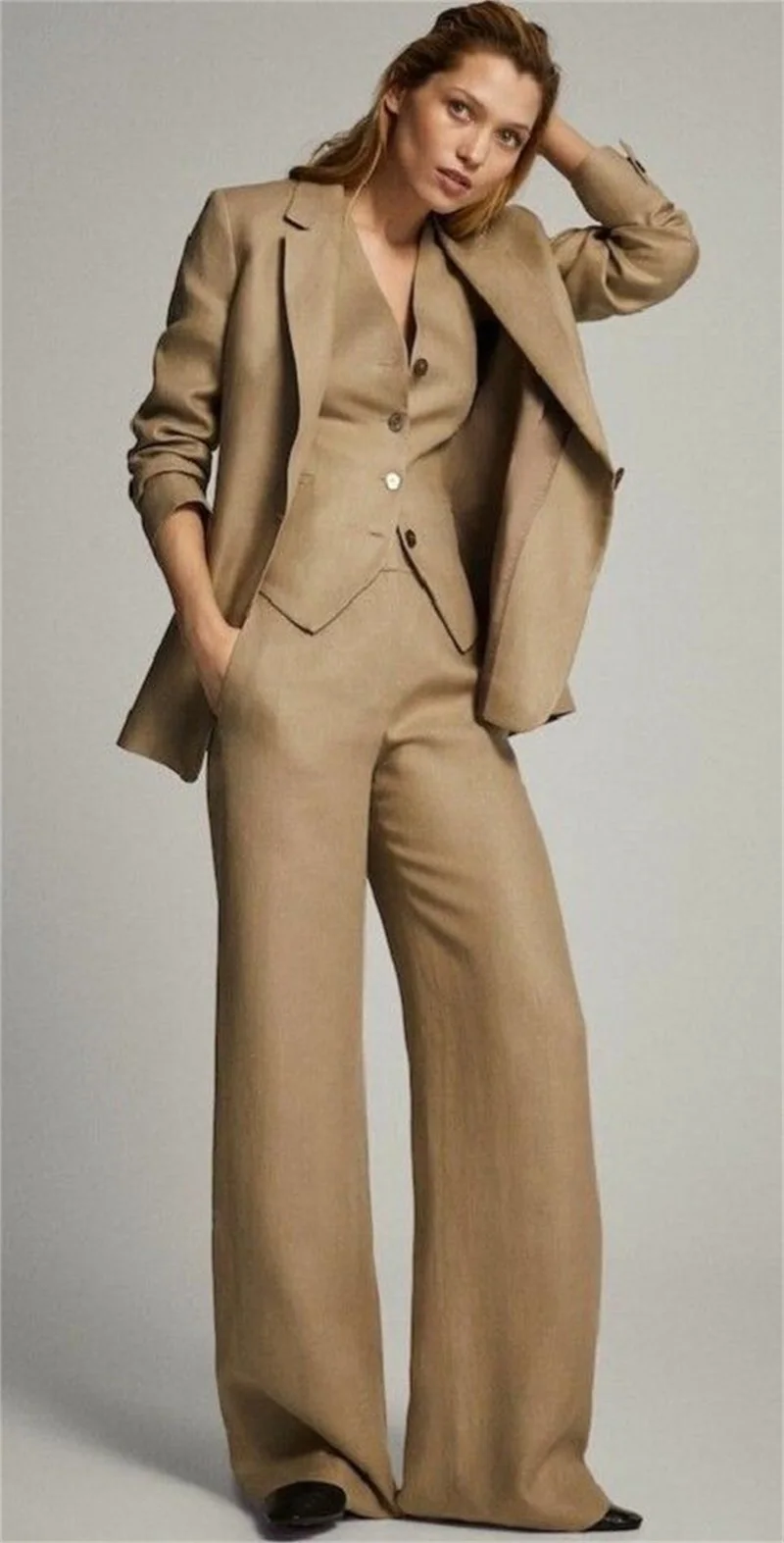 

3 Pcs Spring Women Suit Pants Set Blazer+Vest+Trousers Formal Office Lady Coat Khaki Jacket Custom Made Cotton Blend Costume