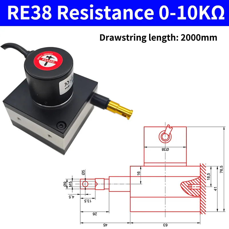 Trekkoord verplaatsingssensor, verplaatsingsmeter, elektronische analoge meetafstand 1M 1,5M 2M Ingangsvoeding 5-24V