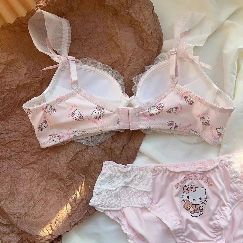 Sanrio Hello Kitty Seamless Bra Set Women Sexy Lace Cartoon Lingerie Set Vneck Sport Brassiere Female Cotton Underwear Set