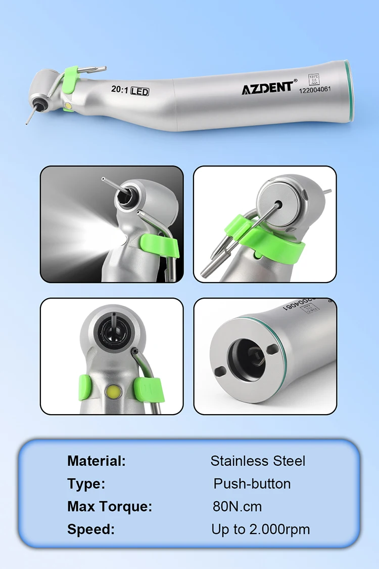 AZDENT Dental 20:1 Implantat-Winkelstück mit LED und E-Generator, Niedrigdrehzahl-Handstück für Zahnmedizin, Druckknopf-Instrument für Zahnärzte – Detail 2