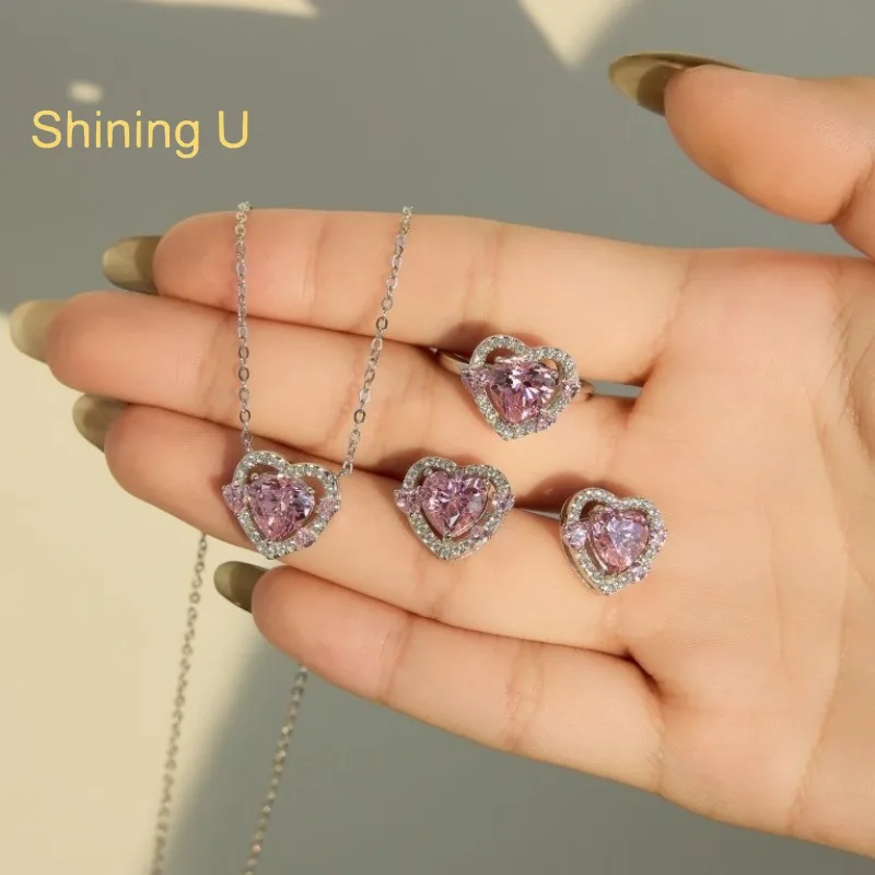 

Сияющий U стерлинговое серебро 925 пробы 8*8 мм розовое сердце высокоуглеродистый бриллиант комплект ювелирных изделий ожерелье серьги кольцо ювелирные изделия помолвка