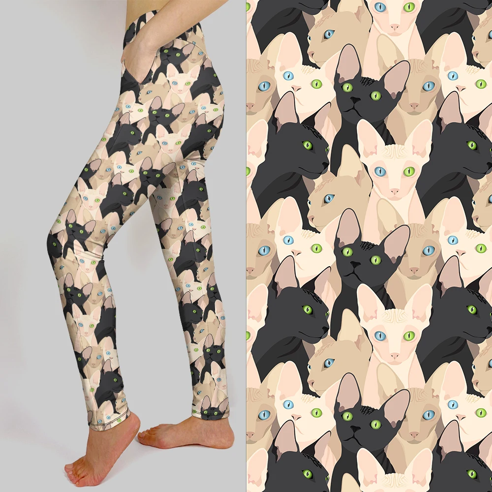 

LETSFIND Fashion New Women Pockets Leggings Super Soft Milk Silk Print Cats Pattern High Waist Fitness Inside Pockets Pants