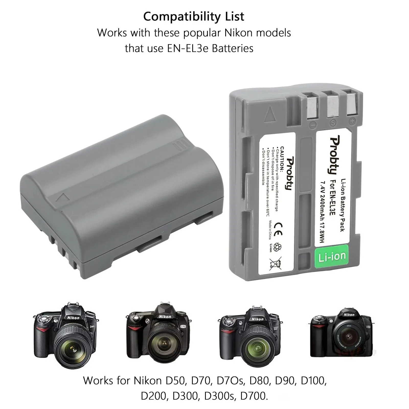 EN-EL3e baterii EL3e EL3 EL3a 7.4V 2400mAh kamera bateria dla nikona EN EL3e, EL3, EL3a, kompatybilna z Nikon D700, D300s, D300