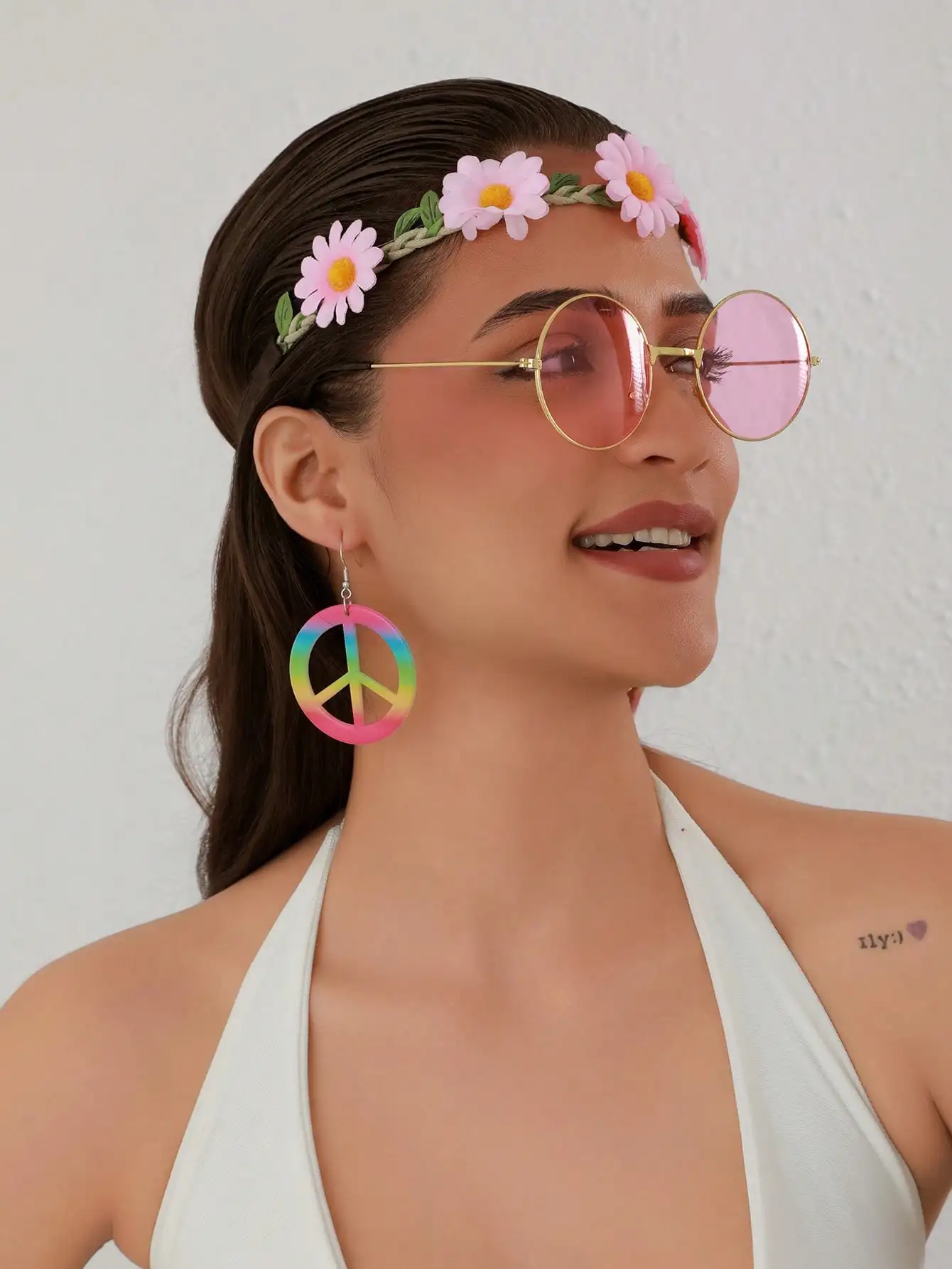 

3-Piece Boho Set: Rainbow Peace Earrings, Floral Headband & Round Pink Sunglasses