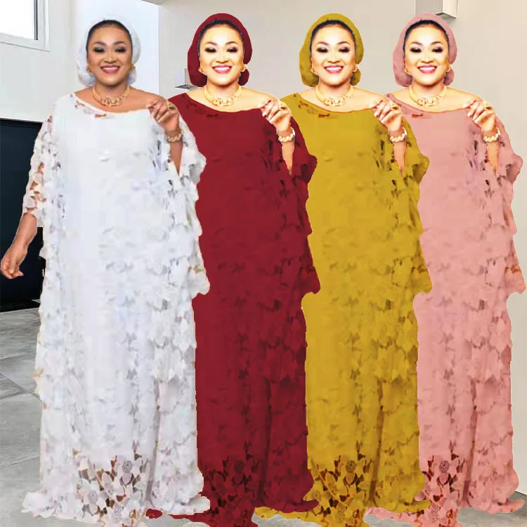 

African White Lace Hollow Maxi Dress for Women Eid Muslim Taditional Loose Robe Dashiki Ramadan Femme Party Dress Islam Clothes