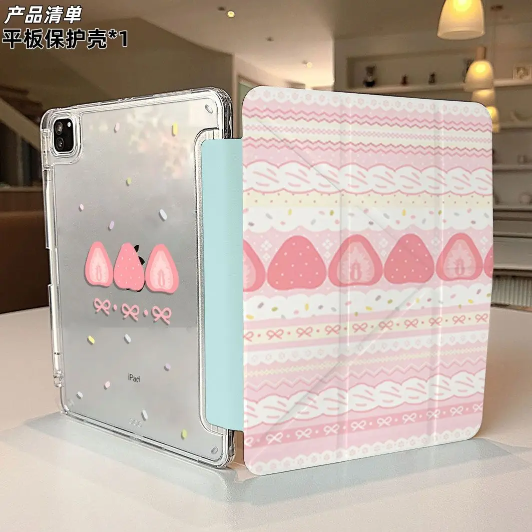 Cream Strawberry Girls iPad Case For iPad Pro 11 13in 2025 iPad Pro 12.9in Air7 10th 11th M4 M5 Y-Shaped Fold Protective Cover