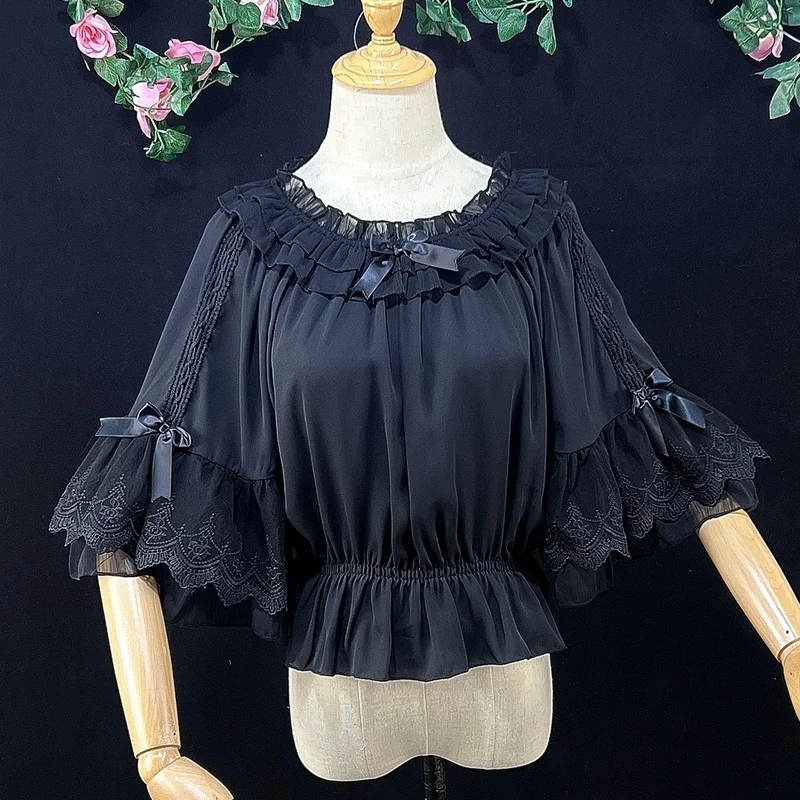 Sweet Lolita Chiffon Blouses Women Cute Bow Ruffles Three Quarter Flare Sleeve Undershirt Girl Kawai Off Shoulder Shirt Crop Top