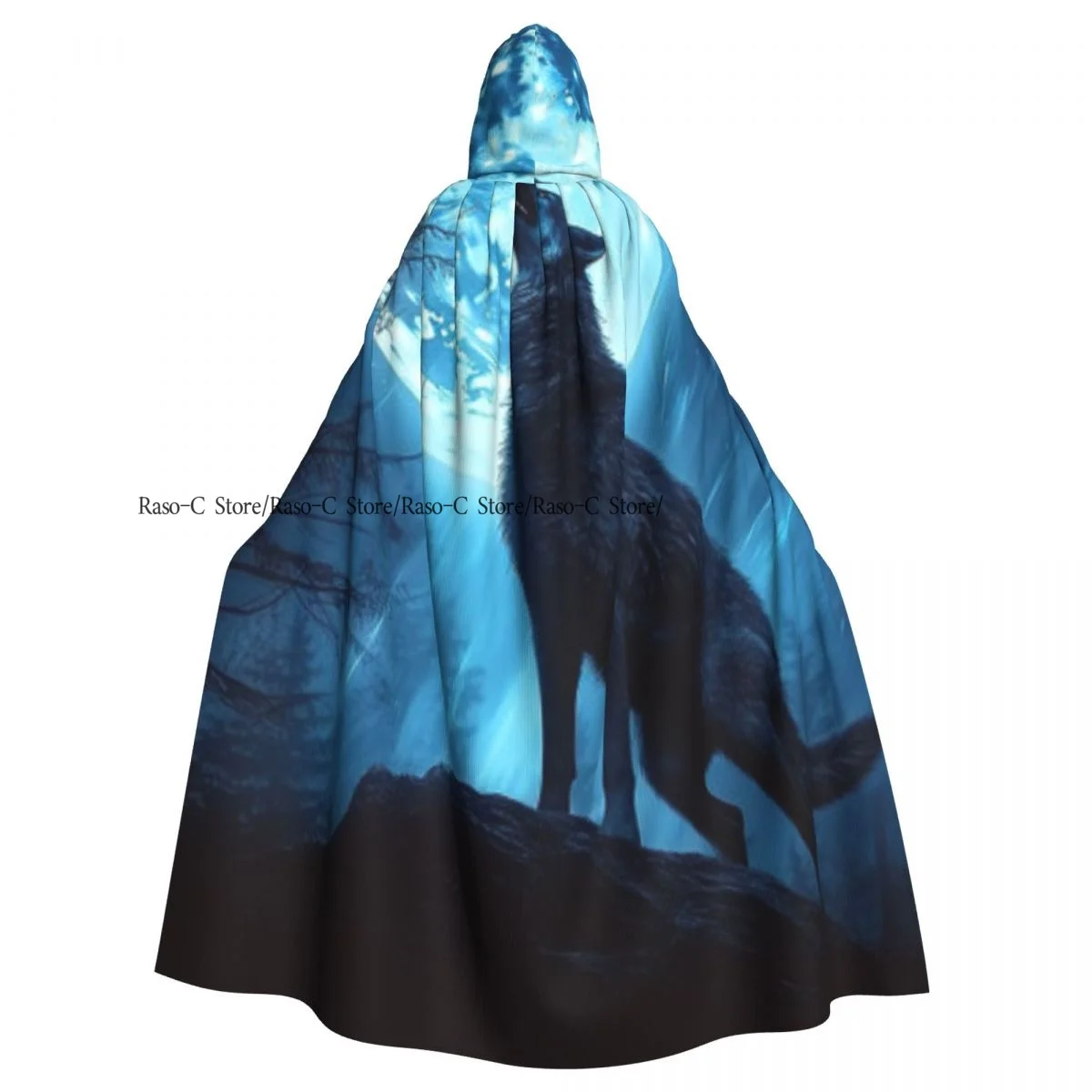 Adult Cloak Cape Hooded Howling Wolf Against Tone Of Fog Full Moon Medieval Costume Witch Wicca Vampire Elf Purim Carnival Party