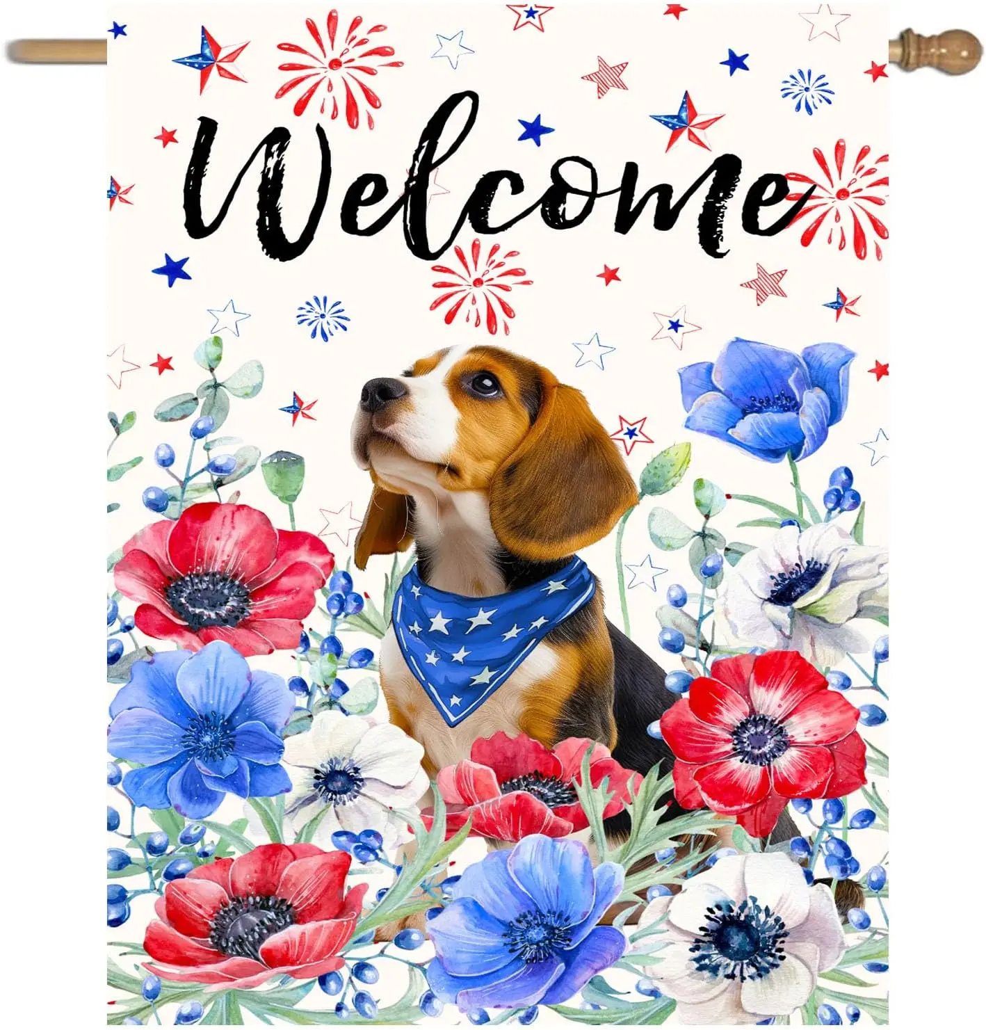 Bandera de Beagle House para el 4 de julio, roja, blanca y azul, con diseño floral, para jardín, 28x40, doble cara, grande, conmemorativa, para el Día de la Independencia, SSL